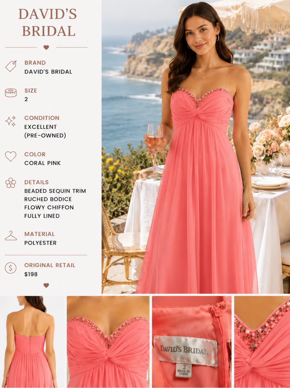 David's Bridal Coral Pink Strapless Beaded Chiffon Evening Gown